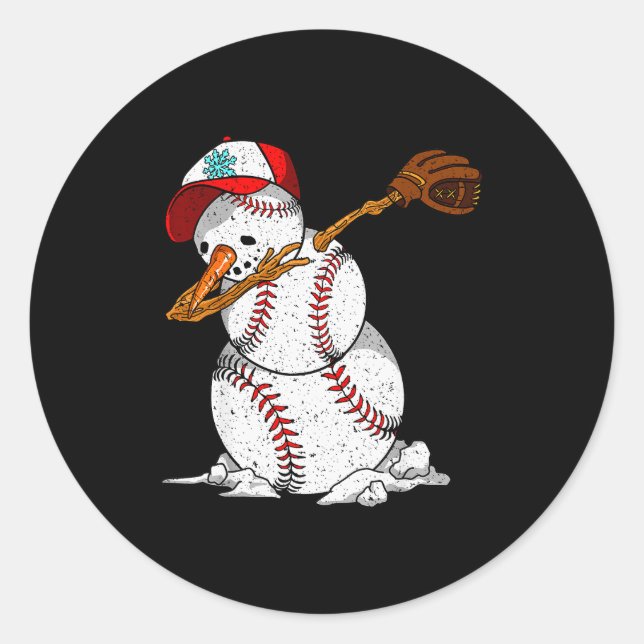Dabbing Baseball Snowman Snow Christmas Xmas Holid Classic Round Sticker (Front)