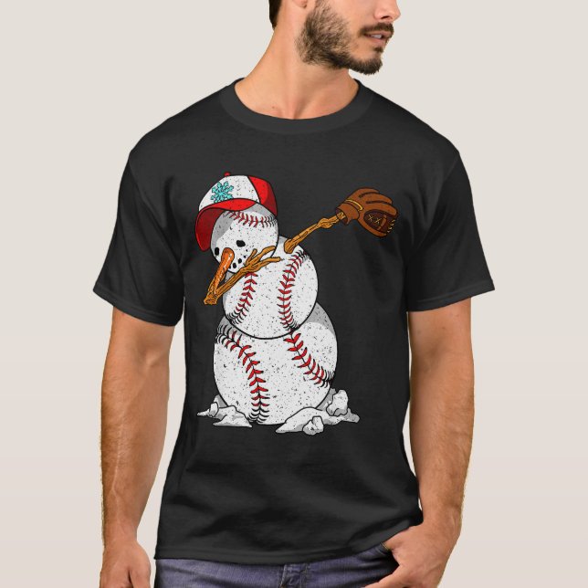 Dabbing Baseball Snowman Snow Christmas Xmas Holid T-Shirt (Front)