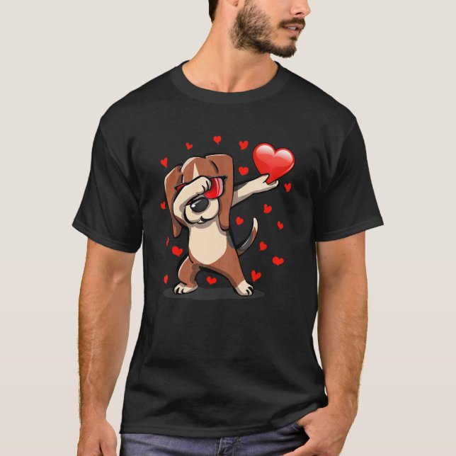 Dabbing Beagle Sunglasses Heart Valentines Day Dog T-Shirt (Front)