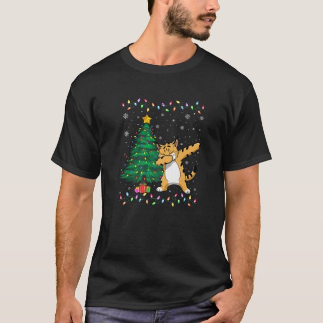 Dabbing Bobcat Xmas Tree Lights Ugly Christmas Swe T-Shirt (Front)