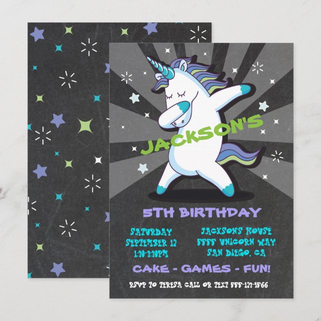 Dabbing Boy Unicorn Birthday Party Invitation (Front/Back)