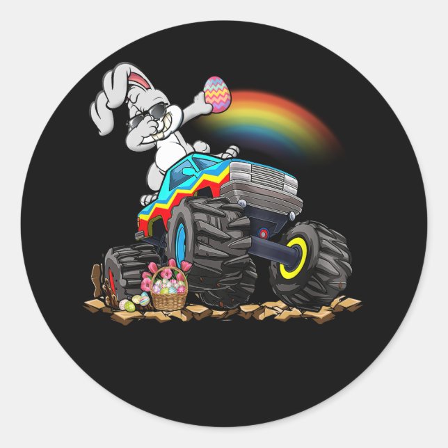 Dabbing Bunny Riding Monster Truck Lovers Happy Ea Classic Round Sticker (Front)