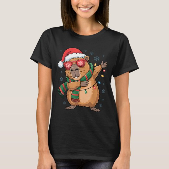 Dabbing Capybara Christmas Santa Hat Funny Holiday T-Shirt (Front)