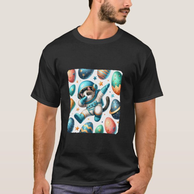 Dabbing Cat Astronaut Floating In Space With Egg P T-Shirt (Front)