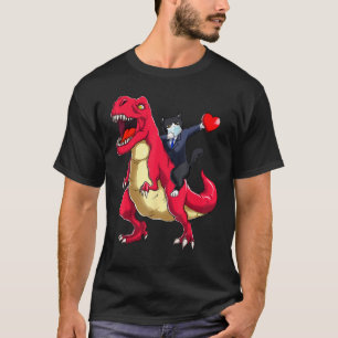 Dabbing Cat Riding Dinosaur Valentines Day Heart F T-Shirt