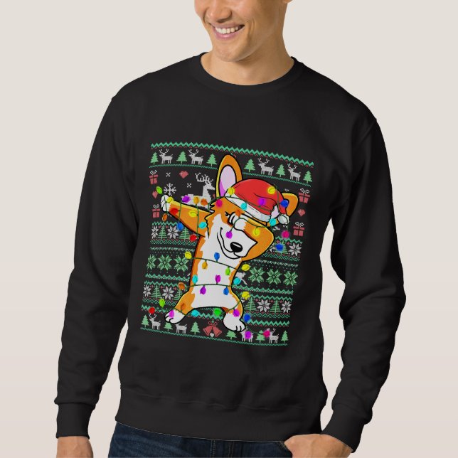 Dabbing Corgi Fairy Lights Ugly Christmas Sweater  (Front)
