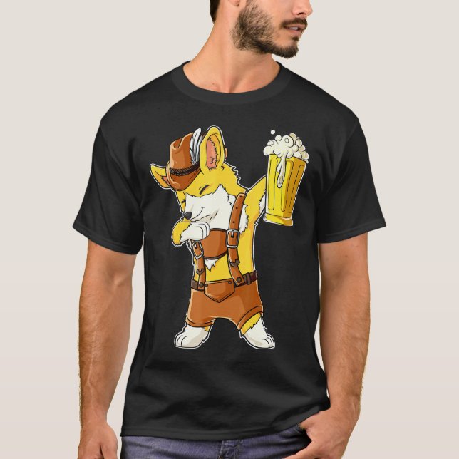Dabbing Corgi Oktoberfest Lederhosen Men Prost Bee T-Shirt (Front)
