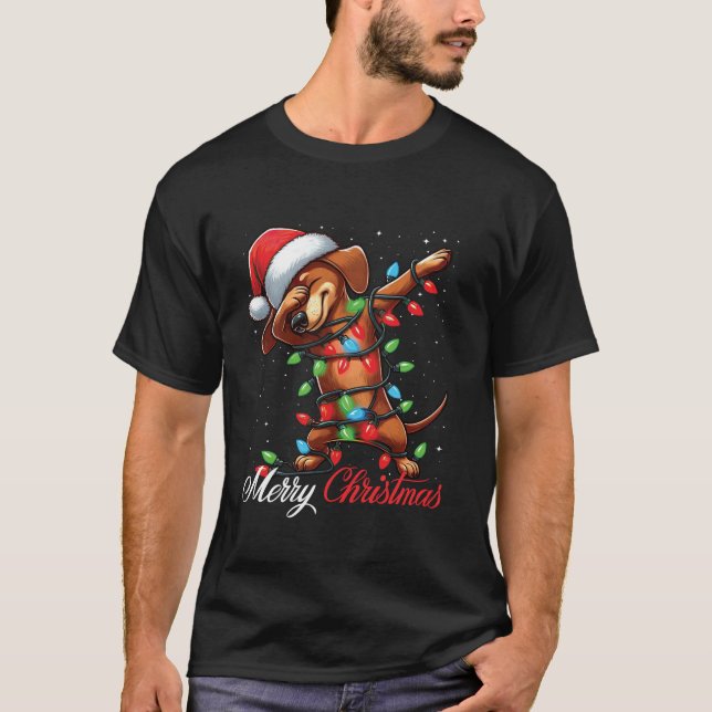 Dabbing Dachshund Dog Merry Christmas Lights Santa T-Shirt (Front)
