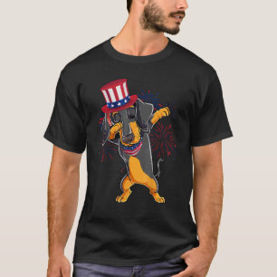Dabbing Dachshund Dog & Uncle Sam Hat Usa Flag 4th T-Shirt