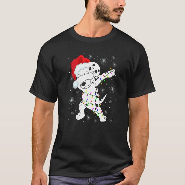 Dabbing Dalmatian Dog Wear Santa Hat Lights Christ T-Shirt (Front)