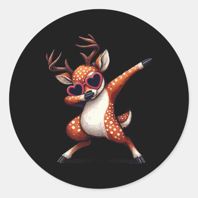 Dabbing Dance Deer Heart Sungles  Classic Round Sticker (Front)
