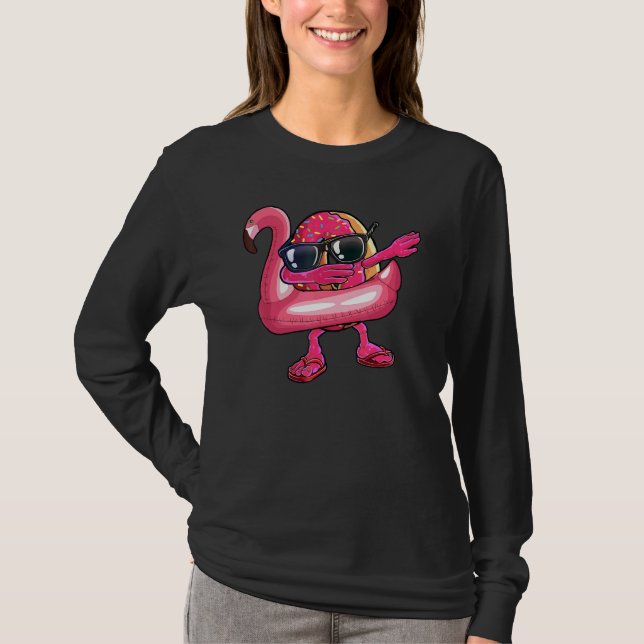 Dabbing Doughnut Flamingo Float Summer Tropical T-Shirt (Front)