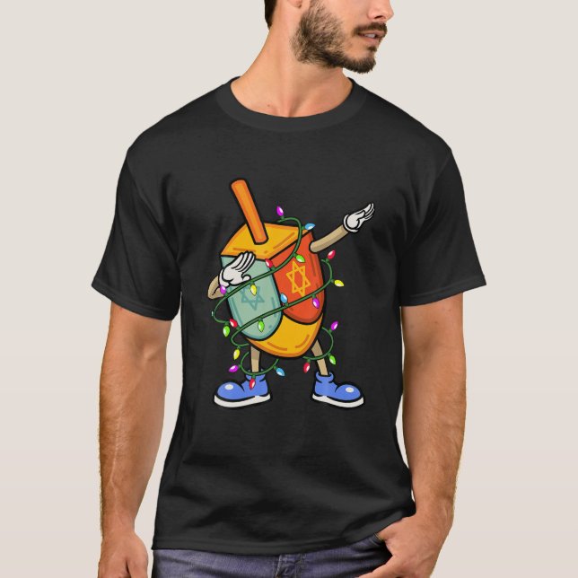 Dabbing Dreidel Hanukkah Christmas Lights Menorah T-Shirt (Front)