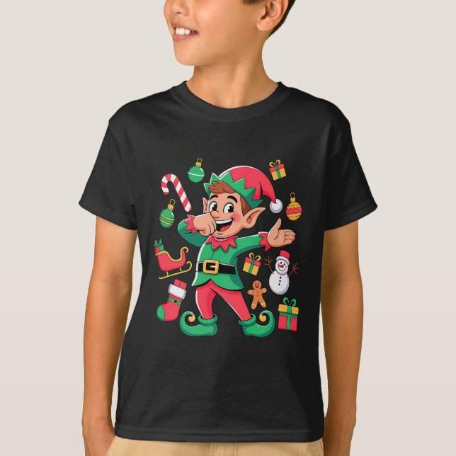 Dabbing Elf Santa Sleigh Snowman Funny Dabbing Chr T-Shirt (Front)