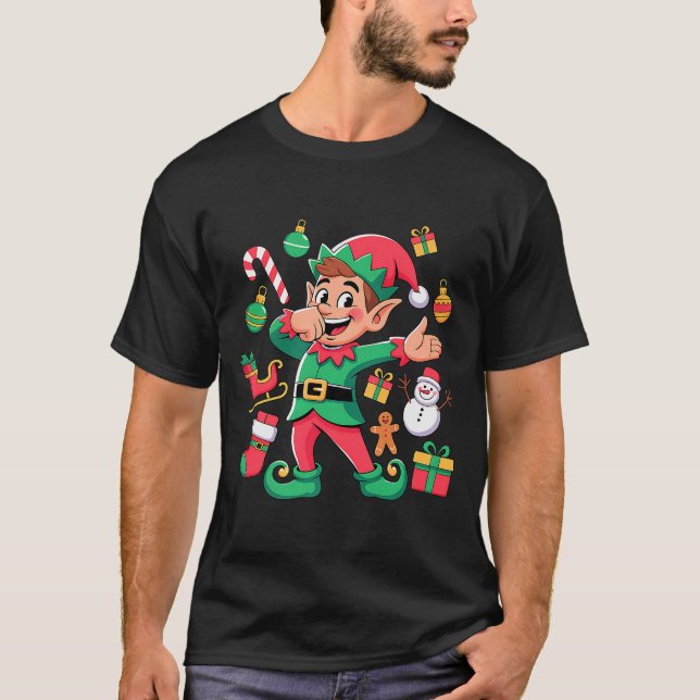 Dabbing Elf Santa Sleigh Snowman Funny Dabbing Chr T-Shirt (Front)