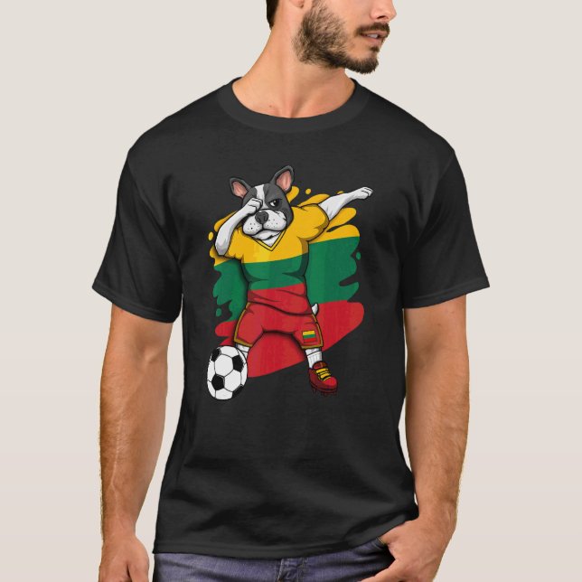 Dabbing French Bulldog Lithuania Soccer Fan Jersey T-Shirt (Front)