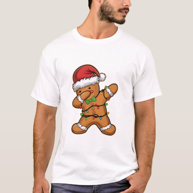 Dabbing Gingerbread Tree Light Christmas T-Shirt (Front)