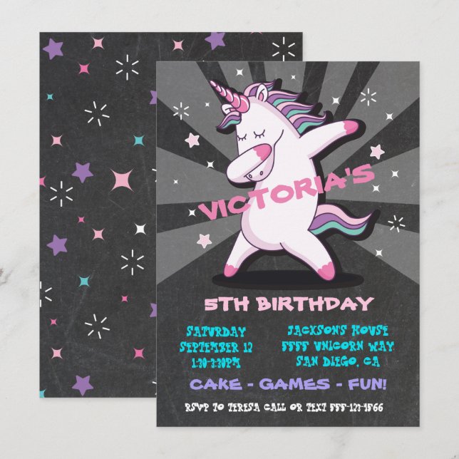 Dabbing GIRL Unicorn Birthday Party Invitation (Front/Back)