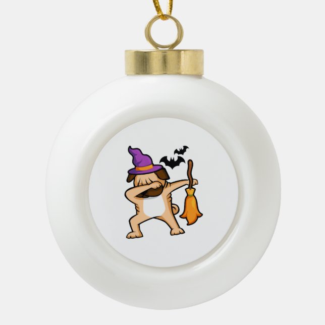 Dabbing Halloween Pug Dog Ceramic Ball Christmas Ornament (Front)