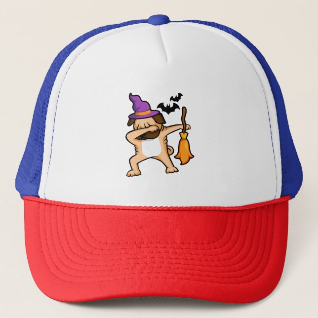 Dabbing Halloween Pug Dog Trucker Hat (Front)