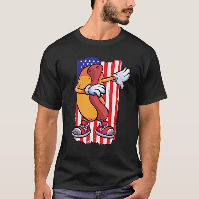 Dabbing Hot Dog Dancing Food  Flag 4th July Themed T-Shirt (Front)