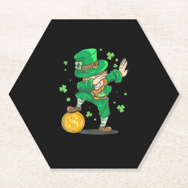 Dabbing Leprechaun Funny St Patricks Day T-Shirt Paper Coaster (Front)