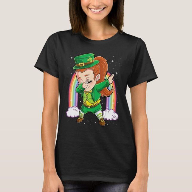 Dabbing Leprechaun Girl Green Lucky Shamrock St Pa T-Shirt (Front)