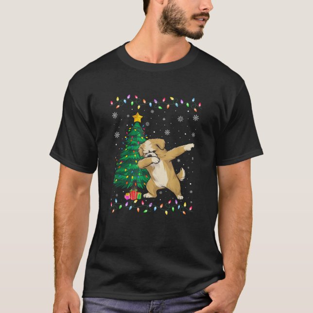 Dabbing Maltipoo Dog Xmas Tree Lights Ugly Christm T-Shirt (Front)