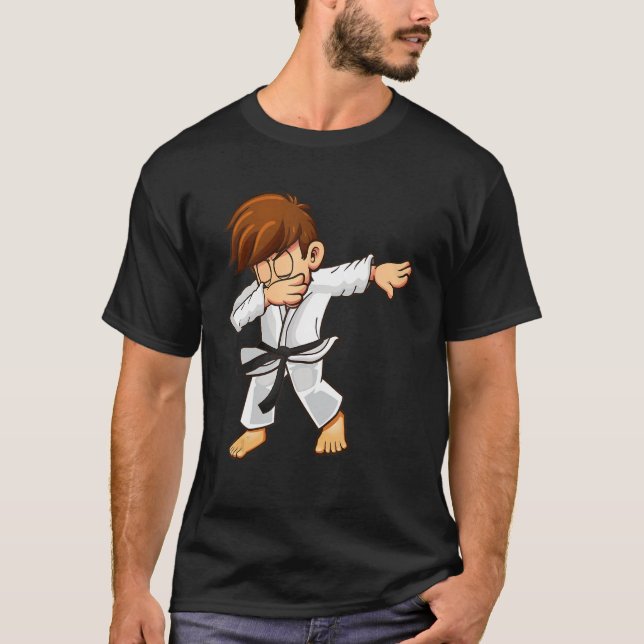 Dabbing martial artists with black belt Karate and T-Shirt (Front)