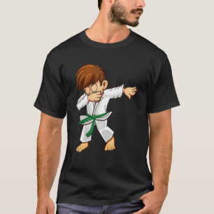 Dabbing martial artists with green belt Karate and T-Shirt