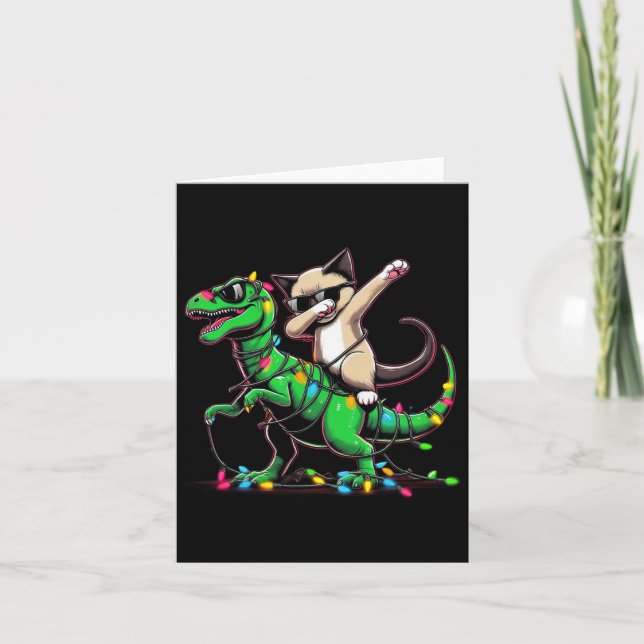 Dabbing Oriental Shorthair On Xmas Lights Dinosaur Card (Front)