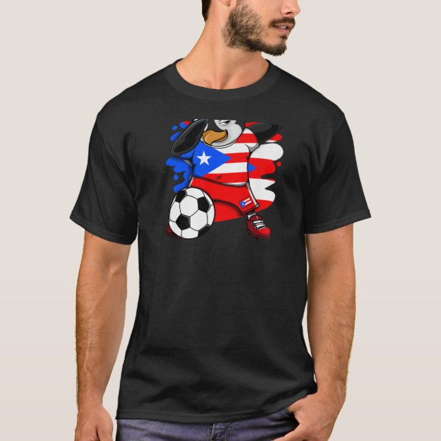 Dabbing Penguin Puerto Rico Soccer Fan Jersey Foot T-Shirt (Front)