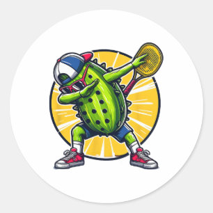 Dabbing Pickle Dancing Cucumber Playing Pickleball Classic Round Sticker