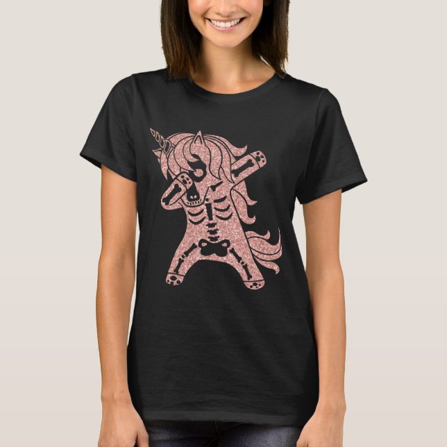 Dabbing Pink Glitter Unicorn Skeleton Halloween  T-Shirt (Front)