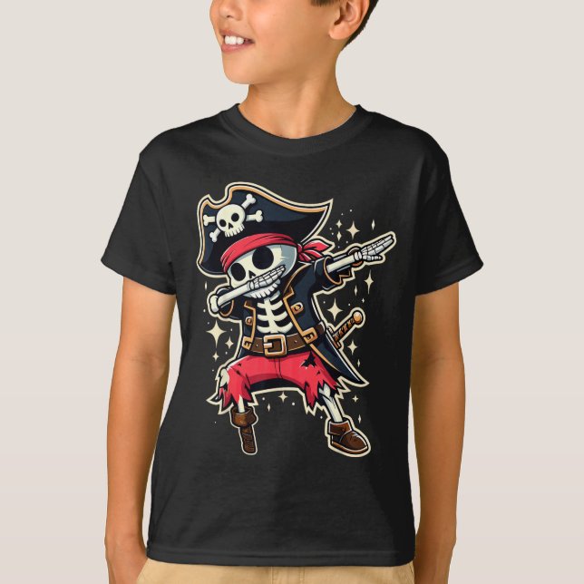 Dabbing Pirate Skeleton Funny Halloween T-Shirt (Front)
