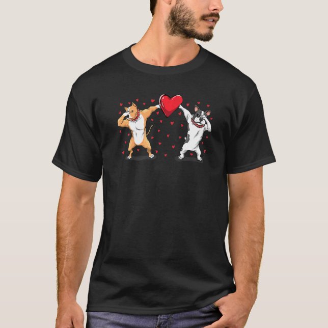 Dabbing Pitbull French Bulldog Heart Valentines Da T-Shirt (Front)