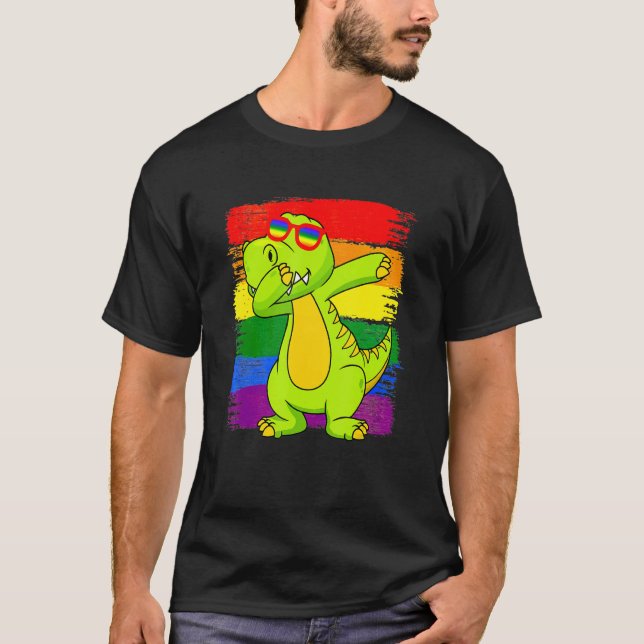 Dabbing Pridesaurus Rex Dinosaur LGBT Flag Gay Pri T-Shirt (Front)