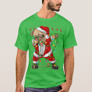 Dabbing Pug Dog Xmas Lights Funny Ugly Pug Santa C T-Shirt