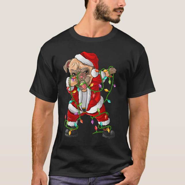 Dabbing Pug Dog Xmas Lights  Pug Santa Christmas T-Shirt (Front)