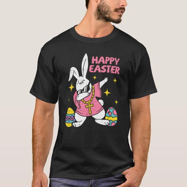 Dabbing Rabbit Easter Day Bunny Hunting Eggs Boys  T-Shirt (Front)