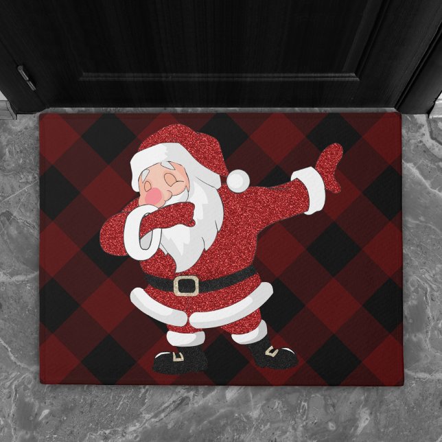 Dabbing Red Plaid Santa Claus | Fun Rustic Buffalo Doormat (Creator Uploaded)
