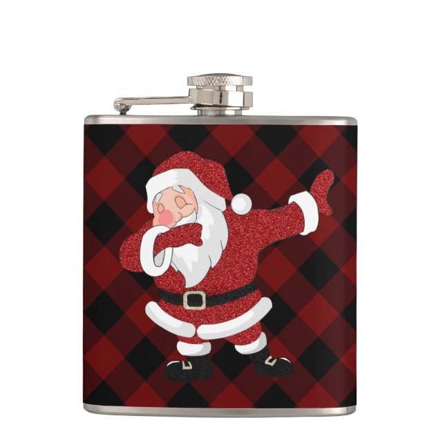 Dabbing Red Plaid Santa Claus | Fun Rustic Buffalo Hip Flask (Front)