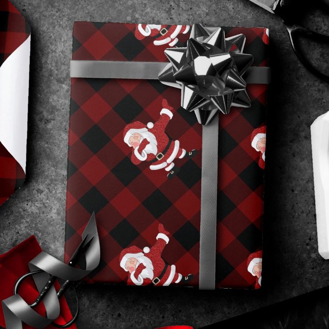 Dabbing Red Plaid Santa Claus | Fun Rustic Buffalo Wrapping Paper (Creator Uploaded)