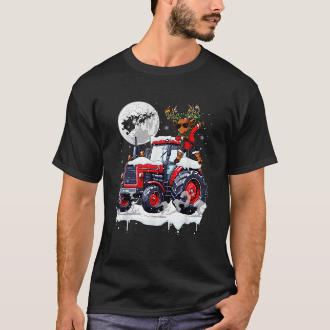 Dabbing Reindeer On Tractor Christmas Driver Lover T-Shirt (Front)