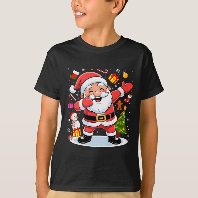 Dabbing Santa Claus Christmas Tree Lights Boys Kid T-Shirt (Front)