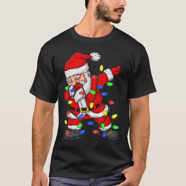 Dabbing Santa Claus Christmas Tree Lights Funny  T-Shirt (Front)