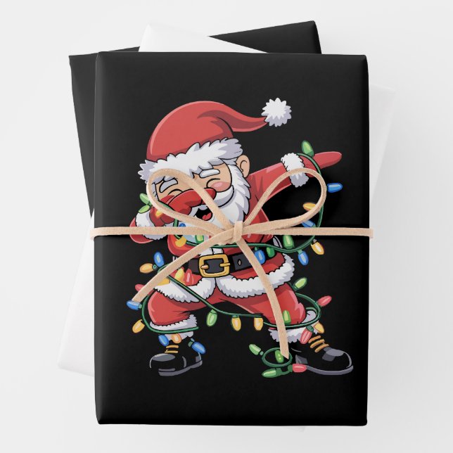 Dabbing Santa Claus Funny Christmas Lights Wrapping Paper Sheet (In situ)