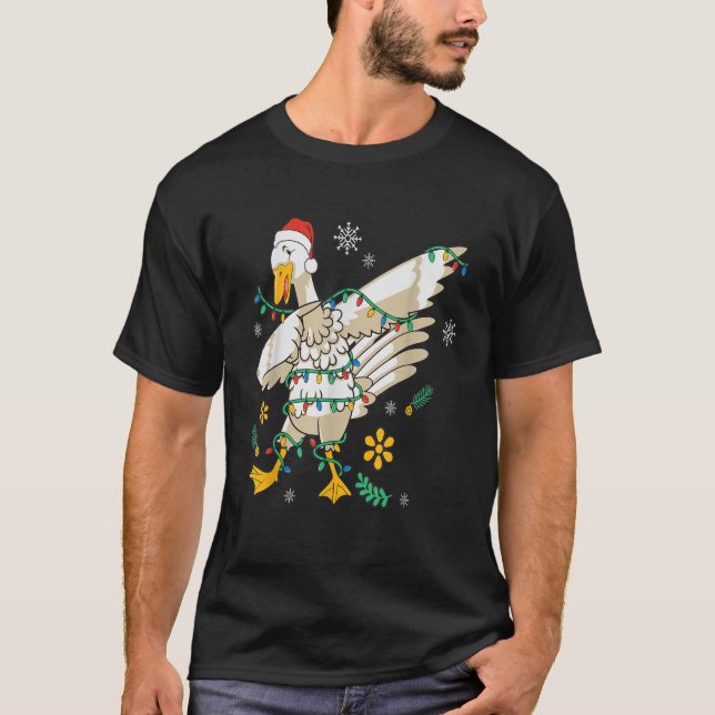 Dabbing Santa Goose With Christmas Tree Lights Dab T-Shirt (Front)