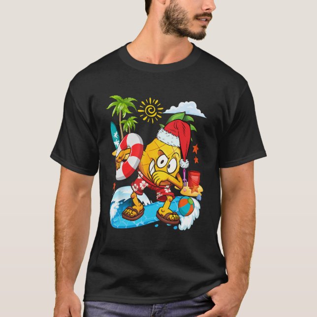 Dabbing Santa Pineapple Playing On Beach Christmas T-Shirt (Front)