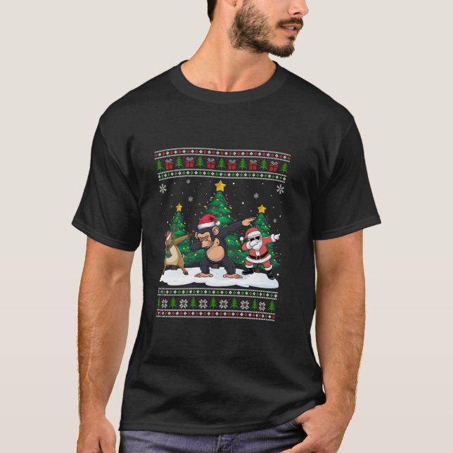 Dabbing Santa Reindeer Chimpanzee Tree Lights Ugly T-Shirt (Front)